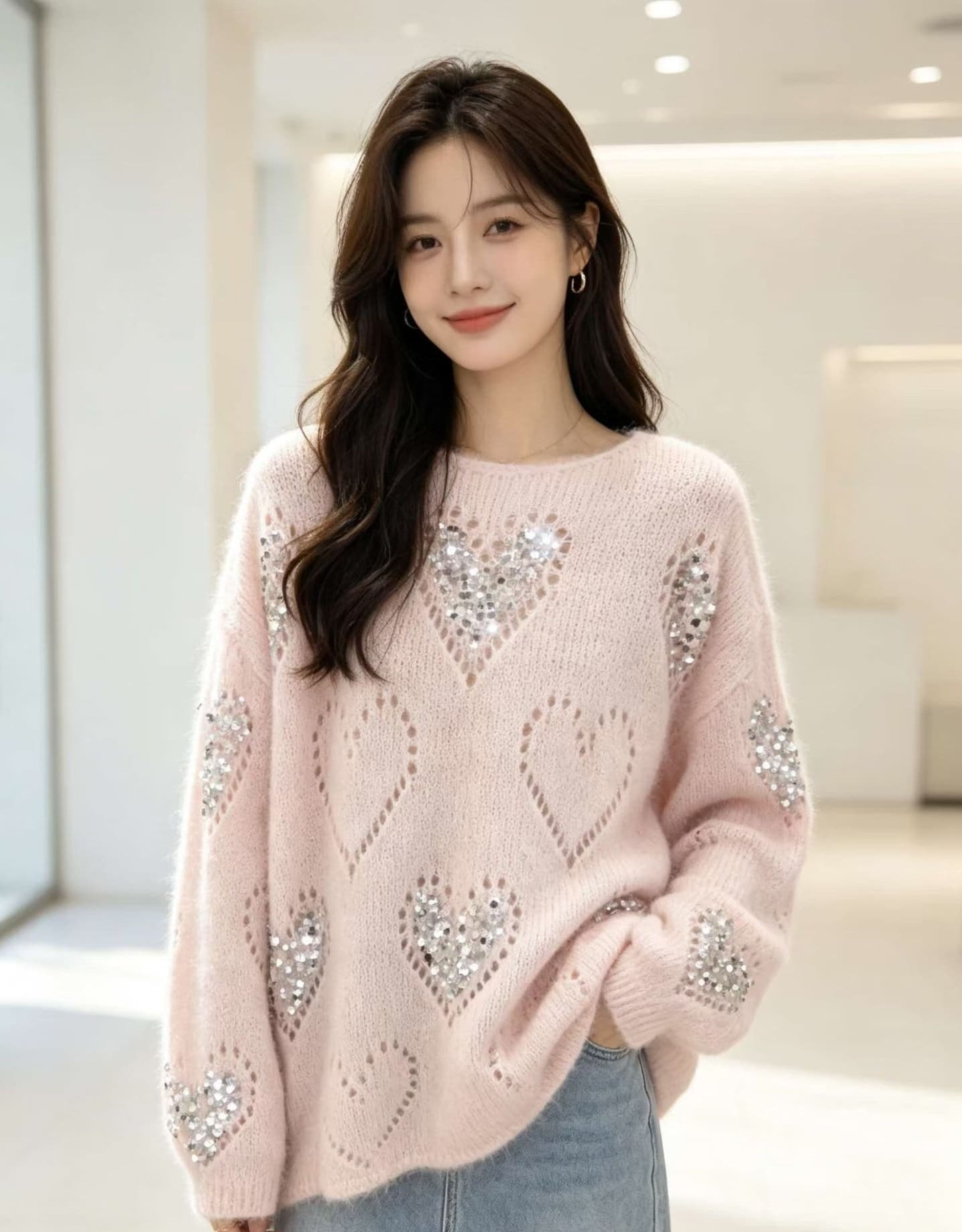 프랑스식 하트 홀로우 아웃 무거운 작업 스팽글 얇은 스타일 풀오버 긴팔 니트 스웨터 여성 루즈핏 고급 센스 스웨터 맨위 상세 이미지 7