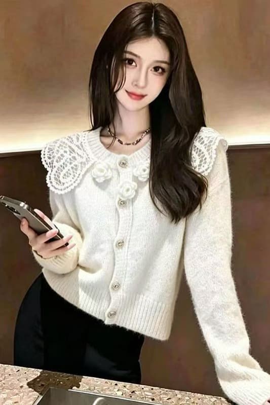회색 레이스 칼라 스웨터 슬림해 보이는 패션 달콤함 꽃 니트 스웨터 봄 가을 겨울 오픈 가디건 여성 재킷 다용도 맨위 이미지 6