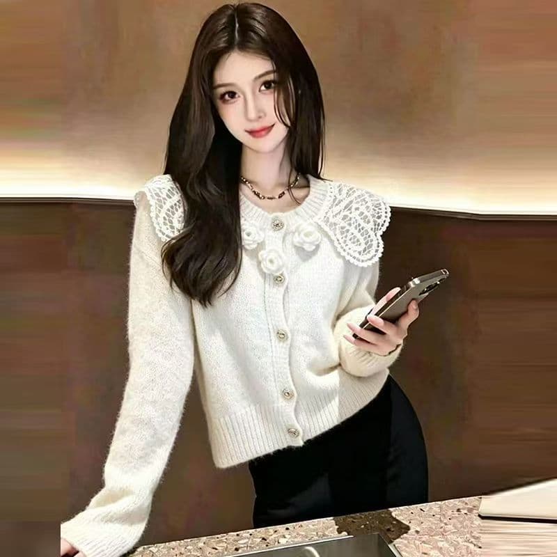 회색 레이스 칼라 스웨터 슬림해 보이는 패션 달콤함 꽃 니트 스웨터 봄 가을 겨울 오픈 가디건 여성 재킷 다용도 맨위 상세 이미지 1