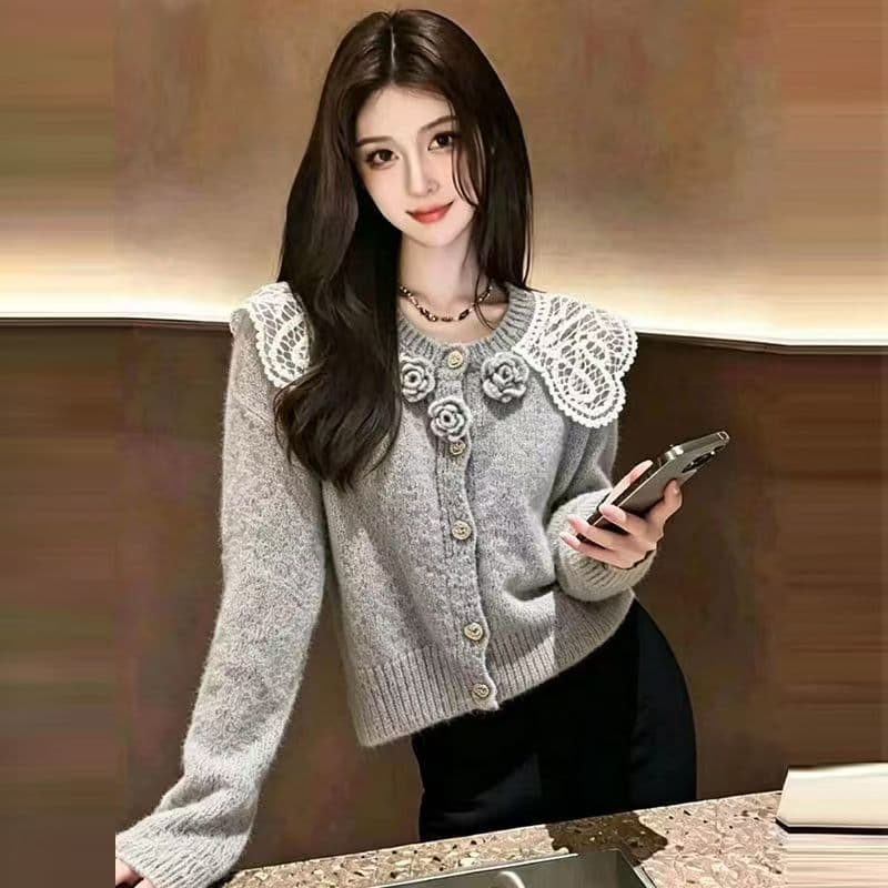 회색 레이스 칼라 스웨터 슬림해 보이는 패션 달콤함 꽃 니트 스웨터 봄 가을 겨울 오픈 가디건 여성 재킷 다용도 맨위 상세 이미지 3