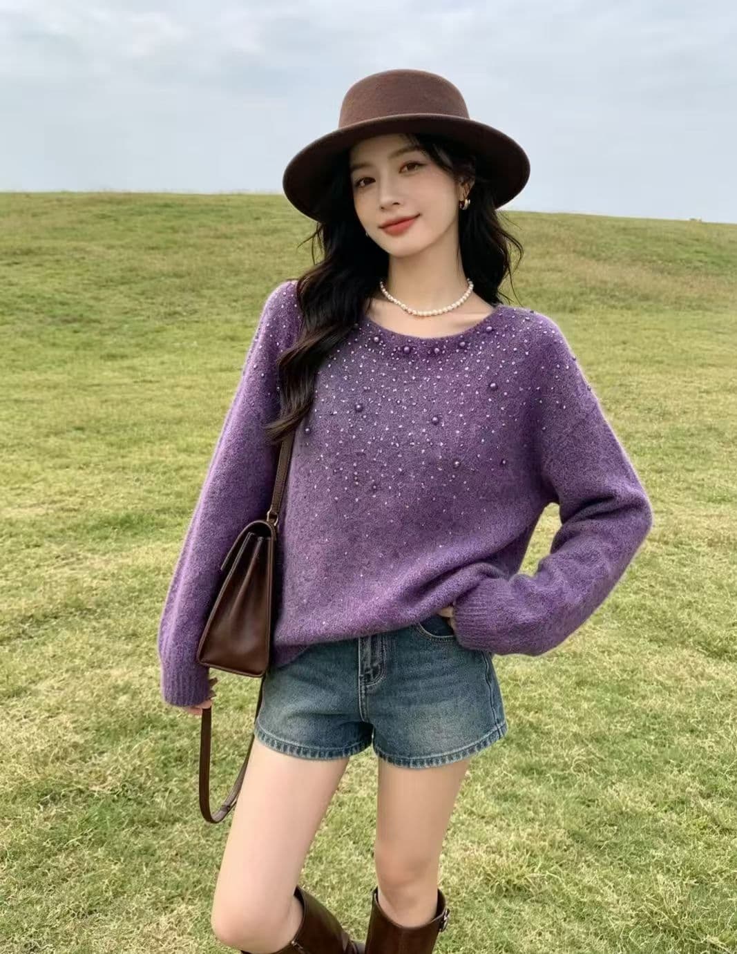 프랑스식 고급 센스 핫픽스 비즈 박기 보라색 스웨터 여자 가을 겨울 새로운 루즈핏 슬림해 보이는 느긋한 바람 니트 스웨터 맨위