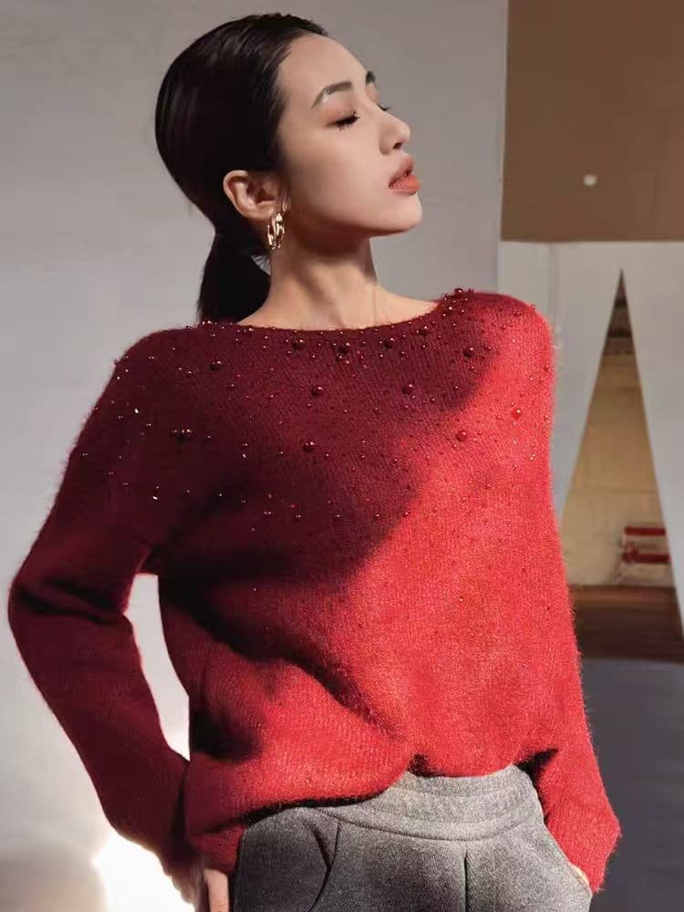 프랑스식 고급 센스 핫픽스 비즈 박기 보라색 스웨터 여자 가을 겨울 새로운 루즈핏 슬림해 보이는 느긋한 바람 니트 스웨터 맨위 이미지 3