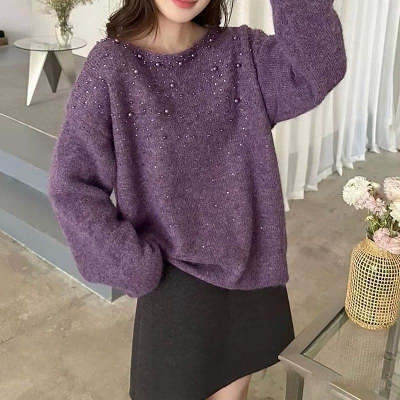 프랑스식 고급 센스 핫픽스 비즈 박기 보라색 스웨터 여자 가을 겨울 새로운 루즈핏 슬림해 보이는 느긋한 바람 니트 스웨터 맨위 상세 이미지 14