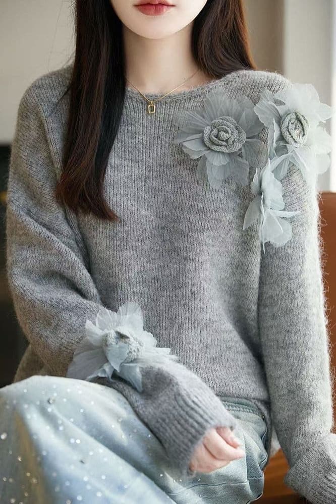 프랑스식 달콤함 3 차원 꽃 작은 대중 스웨터 여자 가을 겨울 2026 새로운 연령 감소 패션 자이언트 잘 생긴 니트 맨위 이미지 6
