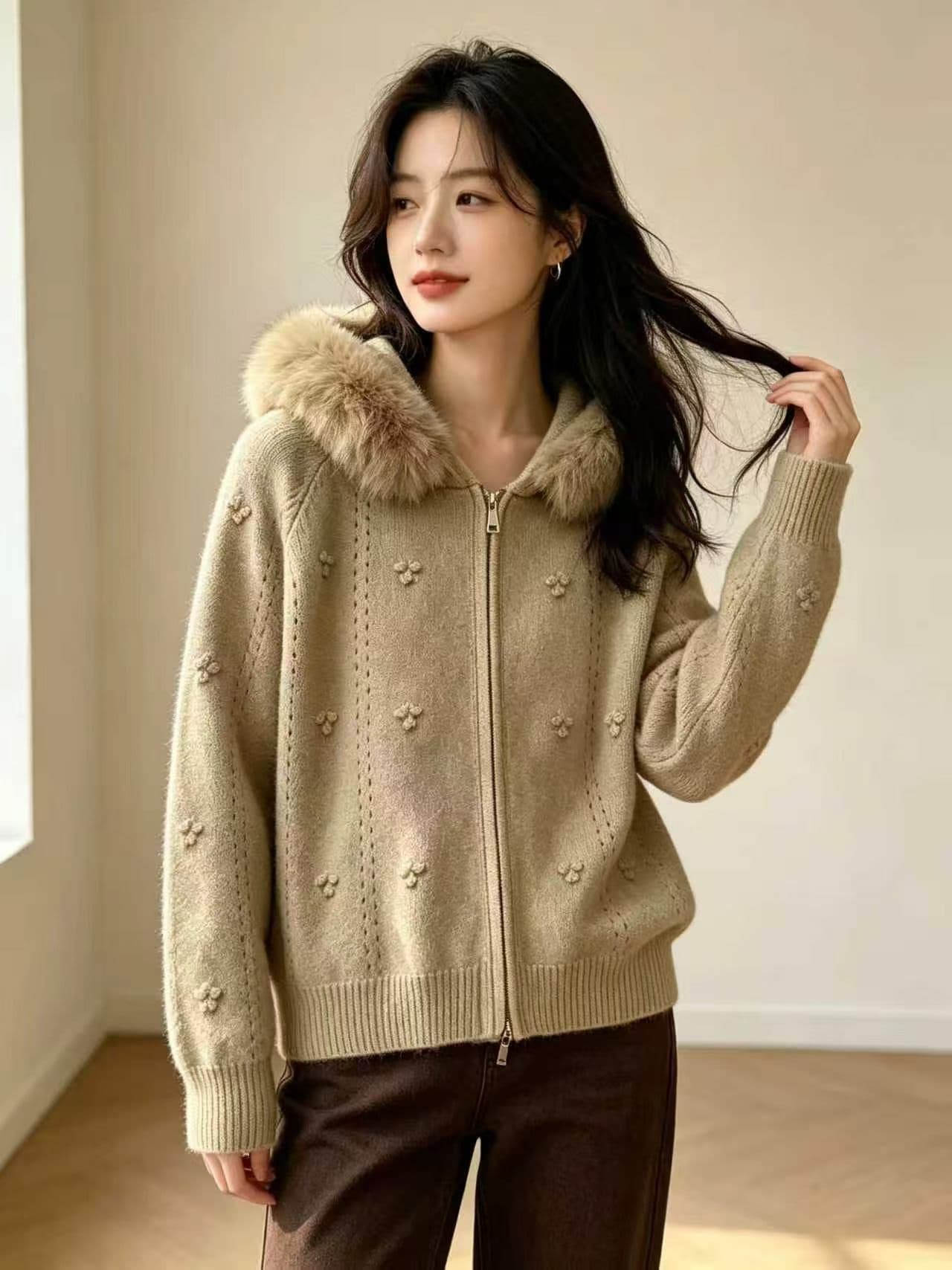 아름다움 라드. 모피 칼라 후드 스웨터 코트 여자 가을 겨울 한 부서 느긋한 바람 품격 작은 키 니트 스웨터 맨위