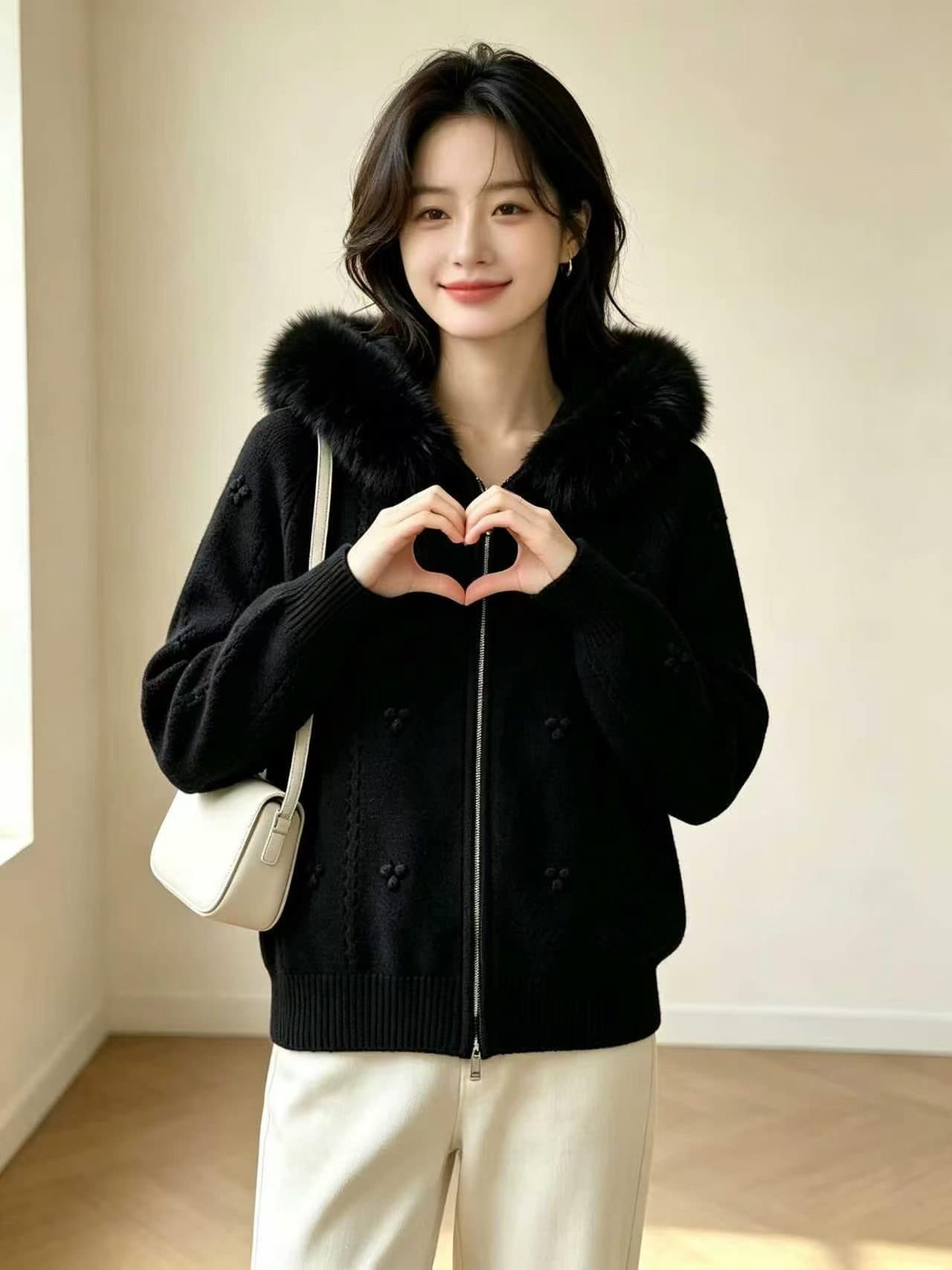 아름다움 라드. 모피 칼라 후드 스웨터 코트 여자 가을 겨울 한 부서 느긋한 바람 품격 작은 키 니트 스웨터 맨위 상세 이미지 5