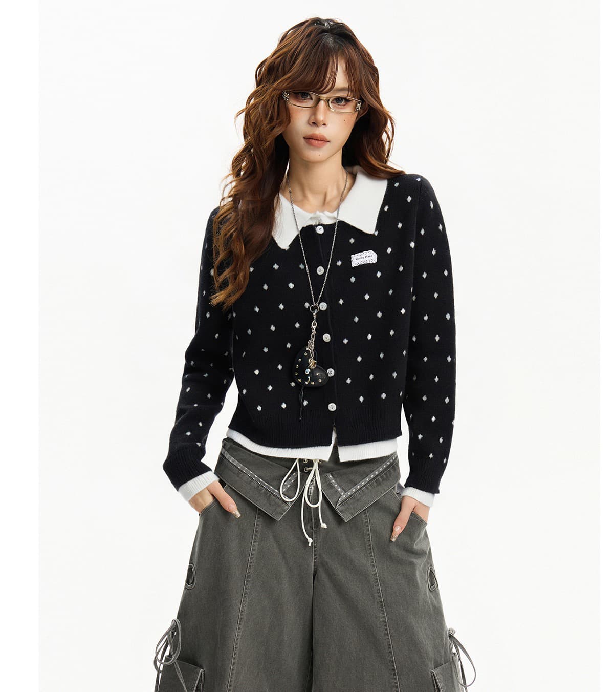 아메리칸 검정색 긍정적 인 어깨 POLO 칼라 페이크 레이어드 스웨터 오픈 가디건 여성 코트 가을 겨울 몸매 가꾸기 슬림해 보이는 니트 스웨터 맨위 상세 이미지 3