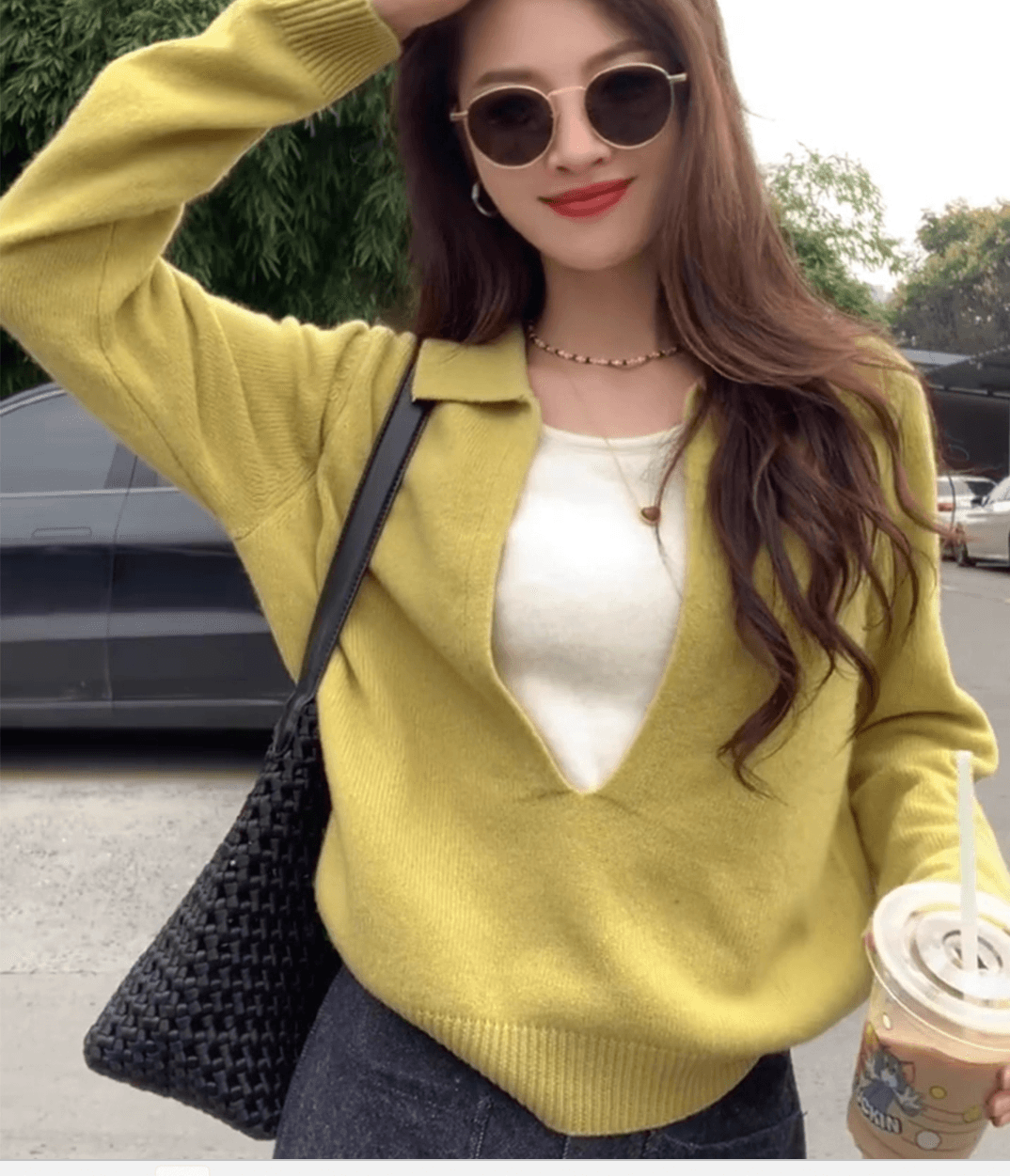 배색 패치워크 POLO 칼라 긴팔 니트 스웨터 여성 조기 가을 디자인 센스 작은 대중 고유 한 Chic 페이크 레이어드 맨위 이미지 2