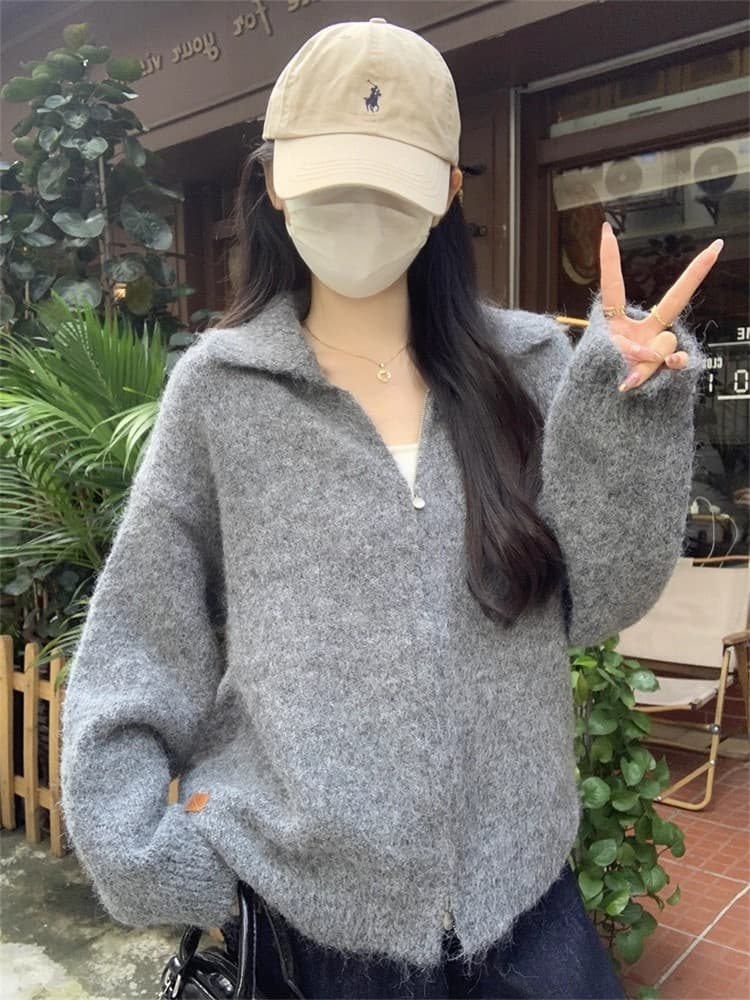 가을 겨울 양모 플리스 지퍼 오픈 가디건 폴로 칼라 니트 여성 코트 두꺼운 느긋한 바람 루즈핏 스웨터 보온 맨위 상세 이미지 4