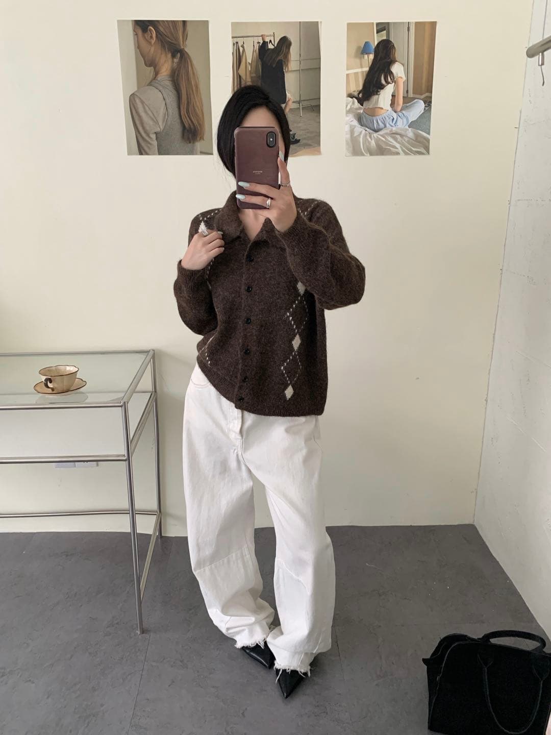 미니멀리즘 회색 조정 다이아몬드 모양 자카드 폴로 칼라 니트 스웨터 가을 겨울 품격 와이드 부드러운 찹쌀 레트로 쇼트 스타일 오픈 가디건 맨위 여성 상세 이미지 19