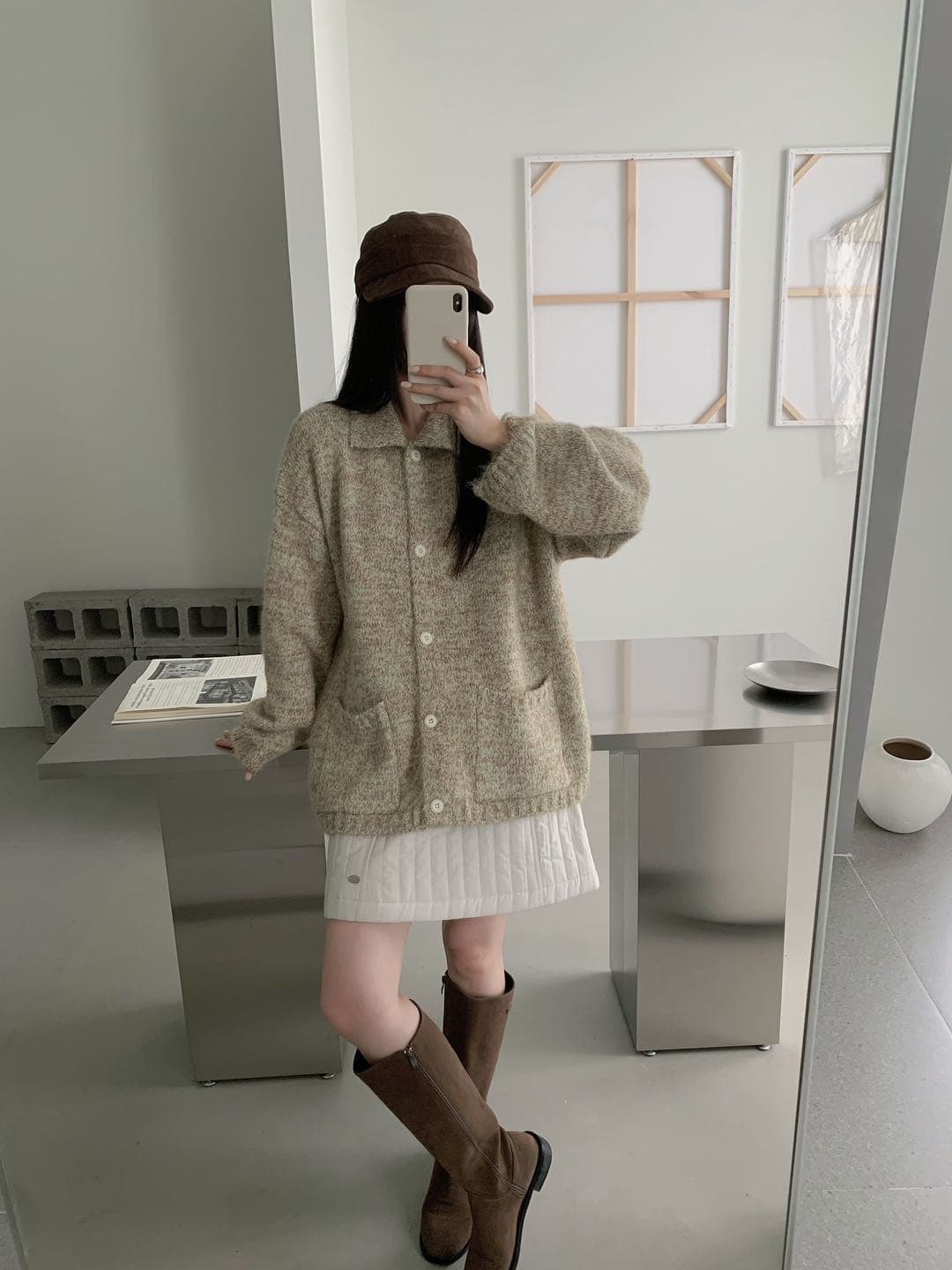 한 부서 레트로 폴로 칼라 싱글 줄 버튼 니트 오픈 가디건 여성 가을 겨울철 부드러운 찹쌀 더블 주머니 프로 피부 센스 캐주얼 재킷 상세 이미지 4