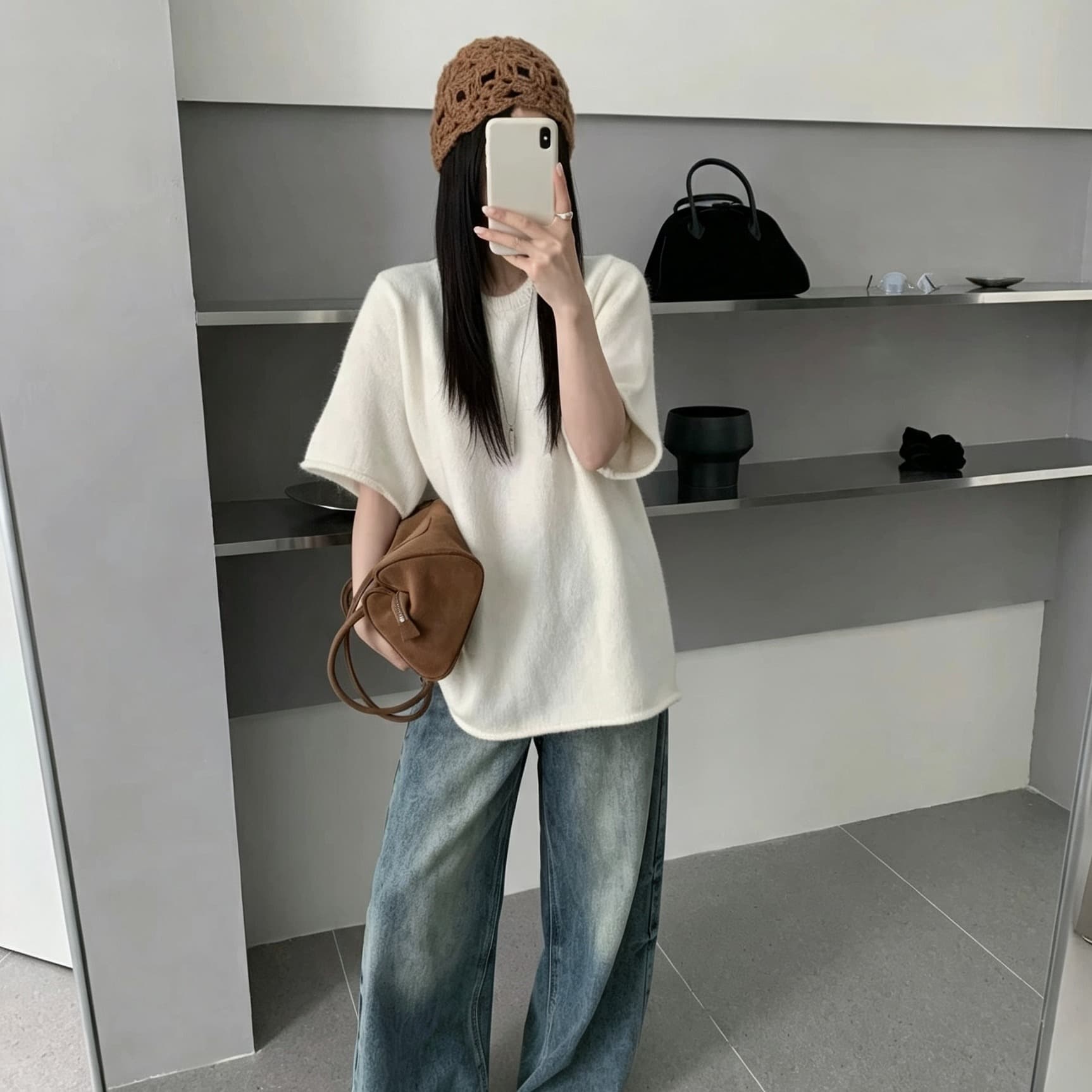 한 부서 느긋한 라운드 넥 반팔 니트 맨위 여성 가을 루즈핏 볼륨 측면 부드러운 찹쌀 단색 다용도 기초 섹션 스웨터 이미지 3