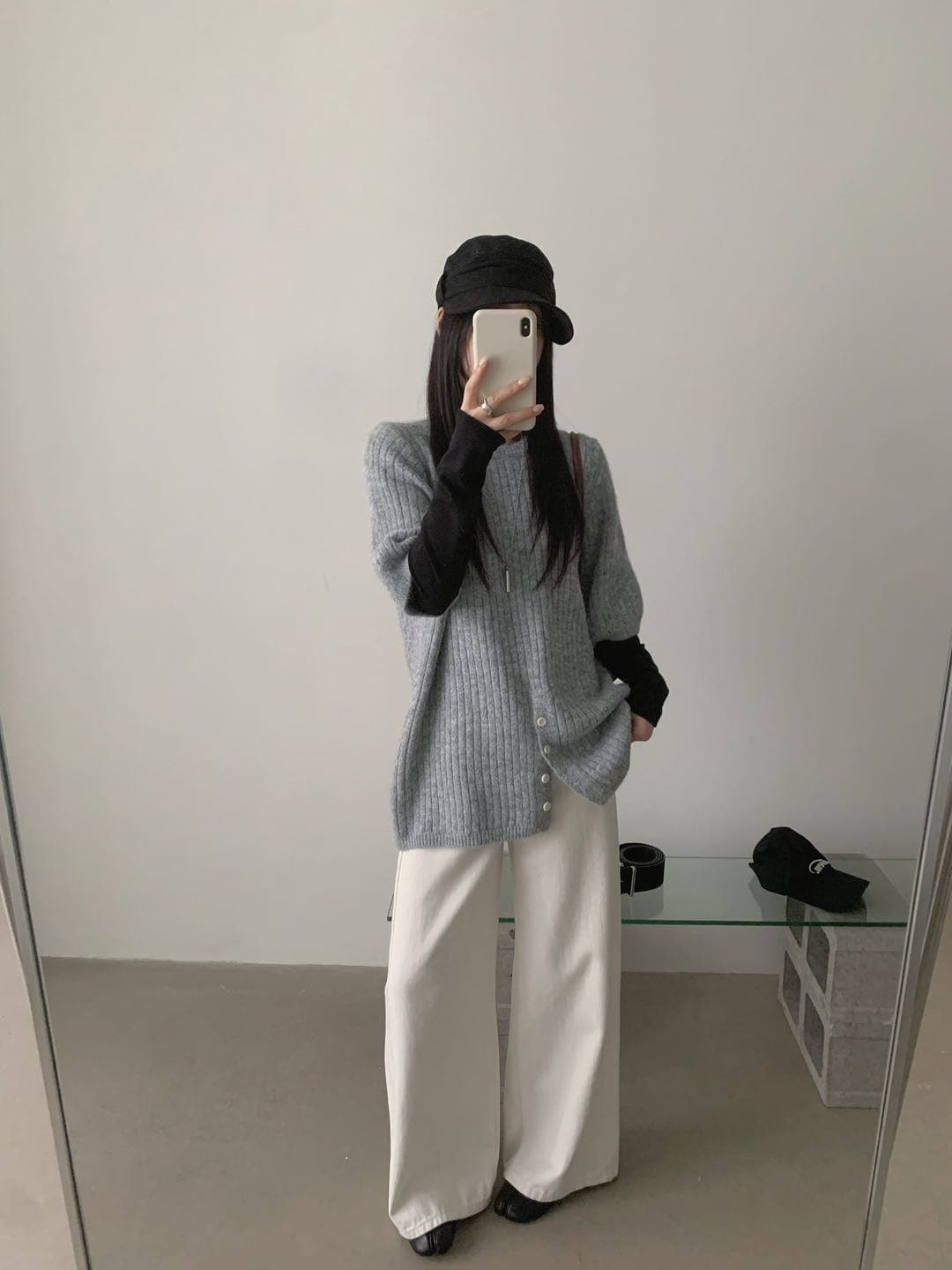한 부서 캐주얼 수직 구덩이 기사 라운드 넥 반팔 니트 티셔츠 여성 봄 가을 루즈핏 측면 단추 트임 중간 길이 스웨터 상세 이미지 11
