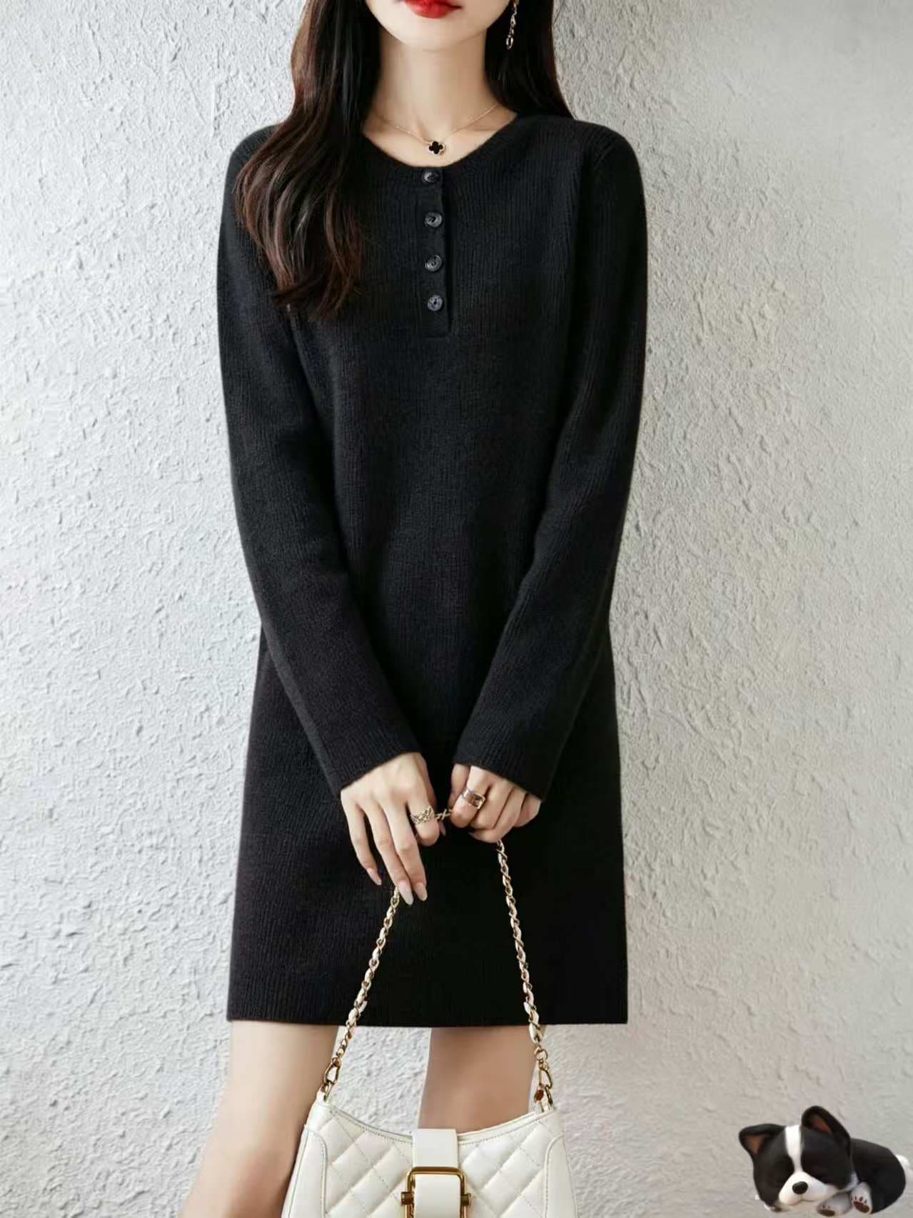가을 겨울 빛 요리 한 우아함 바람 순양모 라운드 넥 니트 여성 드레스 중간 길이 단추 풀오버 스웨터 드레스 상세 이미지 2