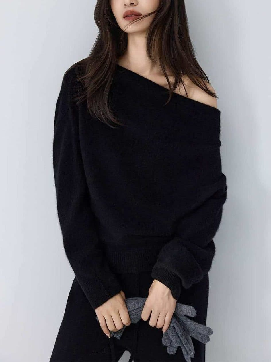 한 부서 작은 대중 디자인 센스 느슨함 보트넥 오프숄더 슬림해 보이는 니트 맨위 여성 2026 년 가을 풀오버 상세 이미지 4