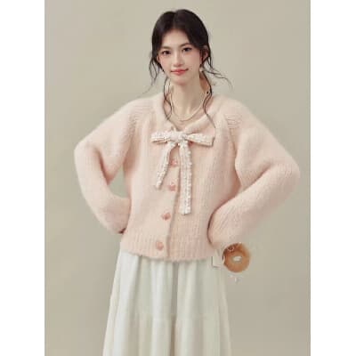 달콤한 자매 바람 레이스 레이스 나비 매듭 스웨터 여성 코트 따뜻한 부드럽다 찹쌀 루즈핏 다용도 연령 감소 니트 오픈 가디건 상세 이미지 1