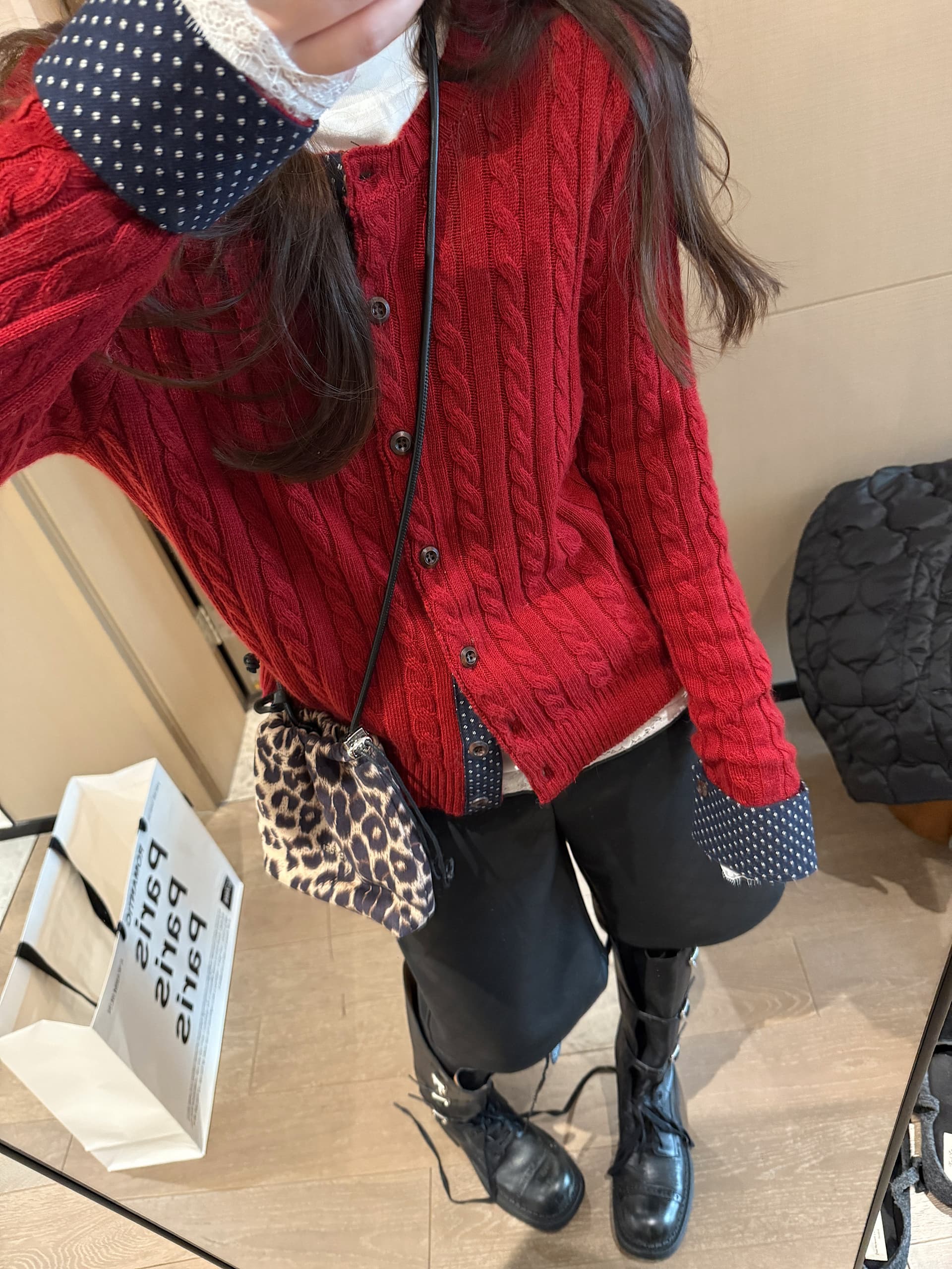 한 부서 도트 무늬 패치워크 꽈배기 니트 오픈 가디건 여성 가을 겨울 분위기 센스 레트로 라운드 넥 단추 스웨터 코트 상세 이미지 25
