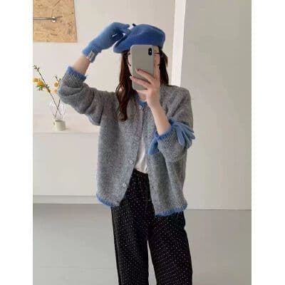 한 부서 회색 니트 오픈 가디건 여성 가을 겨울 새로운 배색 블루 측면 라운드 넥 루즈핏 느긋한 바람 부드러운 찹쌀 스웨터 코트 상세 이미지 1