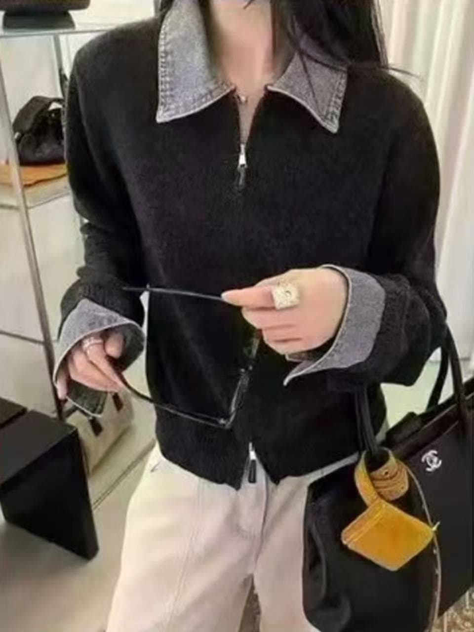유럽 상품 데님 패치워크 폴로 칼라 더블 지퍼 전체 양모 니트 오픈 가디건 여성 외국 가스 다용도 페이크 레이어드 스웨터 코트 이미지 3