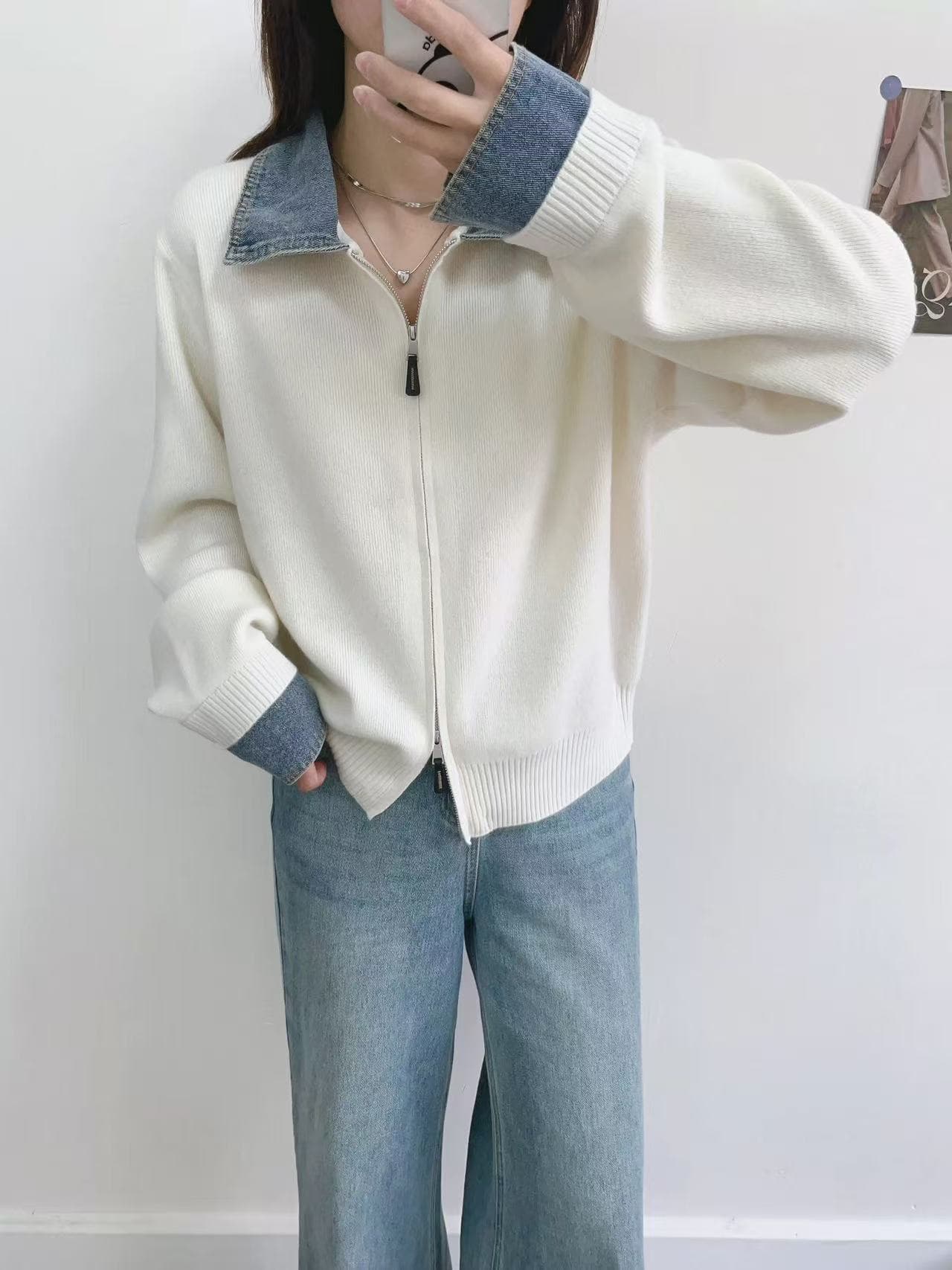 유럽 상품 데님 패치워크 폴로 칼라 더블 지퍼 전체 양모 니트 오픈 가디건 여성 외국 가스 다용도 페이크 레이어드 스웨터 코트 상세 이미지 2