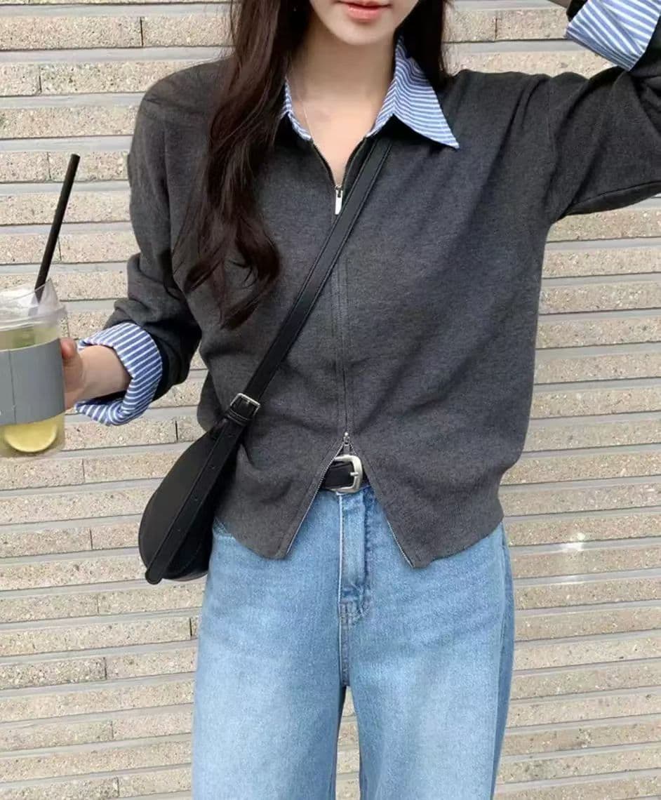 한 부서 페이크 레이어드 셔츠 칼라 패션 니트 오픈 가디건 여성 이른 가을 새로운 착용 가져 가라. 출퇴근 캐주얼 고급 맨위 여성