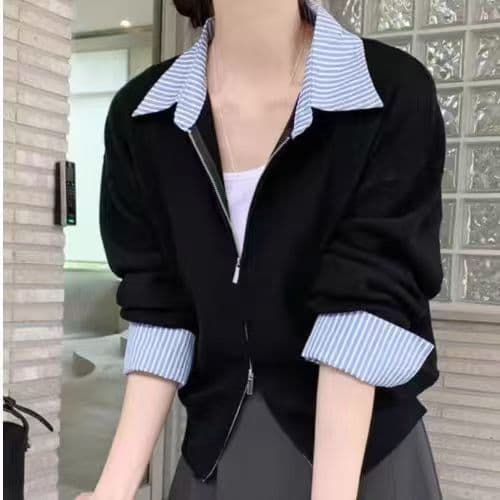 한 부서 페이크 레이어드 셔츠 칼라 패션 니트 오픈 가디건 여성 이른 가을 새로운 착용 가져 가라. 출퇴근 캐주얼 고급 맨위 여성 이미지 4