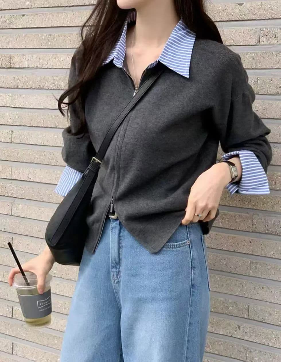 한 부서 페이크 레이어드 셔츠 칼라 패션 니트 오픈 가디건 여성 이른 가을 새로운 착용 가져 가라. 출퇴근 캐주얼 고급 맨위 여성 상세 이미지 4