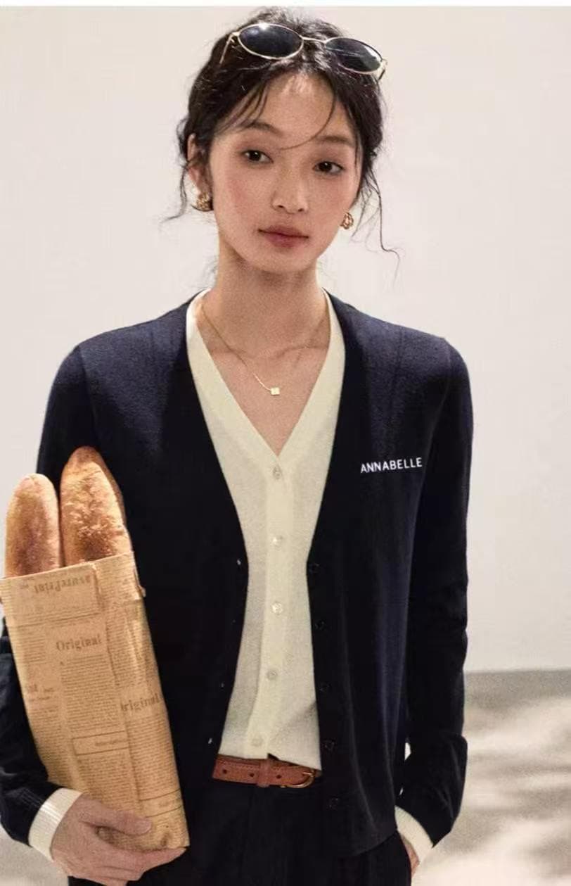 한 부서 배색 V넥 긴팔 맨위 여성 가을 루즈핏 슬림해 보이는 페이크 레이어드 단추 느긋한 바람 니트 오픈 가디건 상세 이미지 1