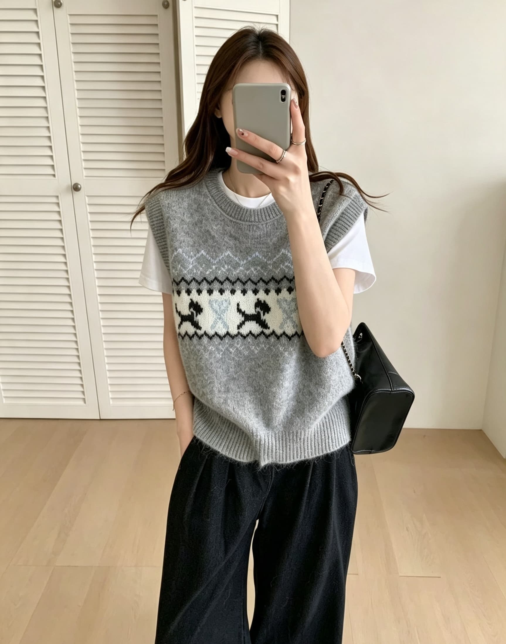 레트로 공정한 섬 강아지 자카드 니트 조끼 여자 봄 가을 라운드 넥 스웨터 뒤로 부드러운 마음 찹쌀 스택 착용 어깨 맨위 이미지 3