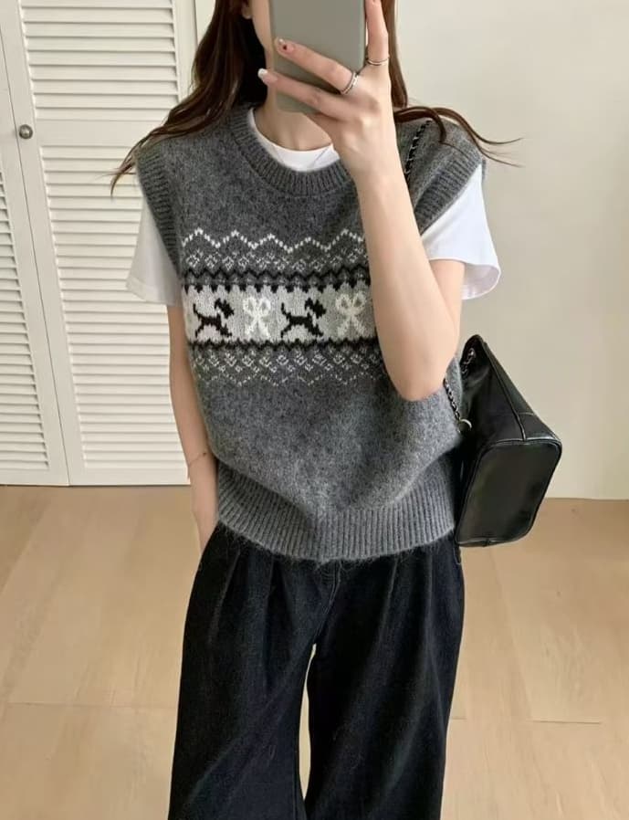 레트로 공정한 섬 강아지 자카드 니트 조끼 여자 봄 가을 라운드 넥 스웨터 뒤로 부드러운 마음 찹쌀 스택 착용 어깨 맨위 상세 이미지 4