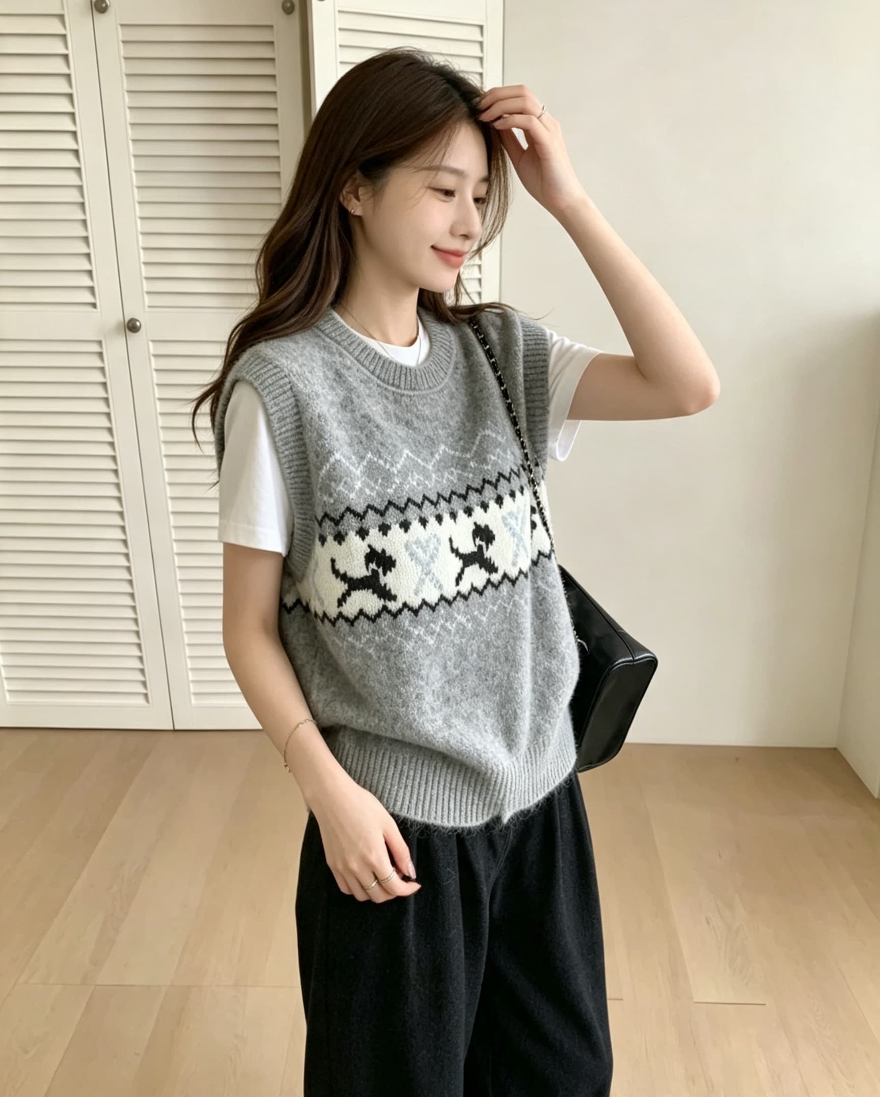 레트로 공정한 섬 강아지 자카드 니트 조끼 여자 봄 가을 라운드 넥 스웨터 뒤로 부드러운 마음 찹쌀 스택 착용 어깨 맨위 상세 이미지 7