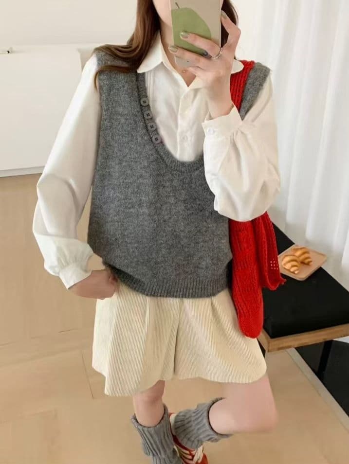 V넥 니트 조끼 여자 봄 가을 스택 착용 민소매 스웨터 조끼 한 부서 부드러운 루즈핏 어깨 맨위 상세 이미지 4