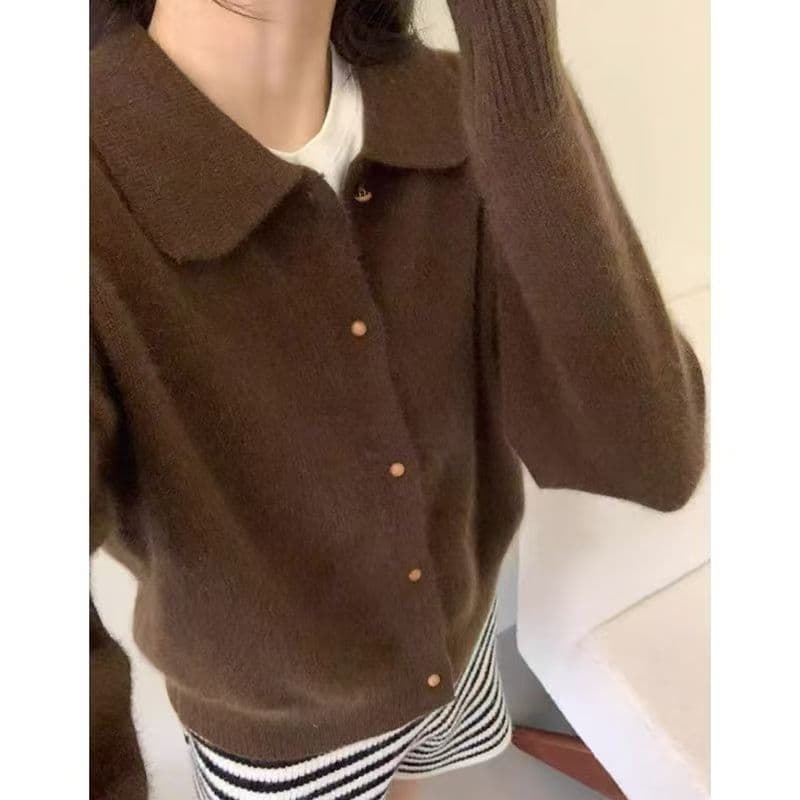 한국 스타일 단색 폴로 칼라 샤 징 버클 절묘한 스웨터 오픈 가디건 가을과 겨울 POLO 칼라 외국 가스 다용도 니트 기본 셔츠 상세 이미지 4