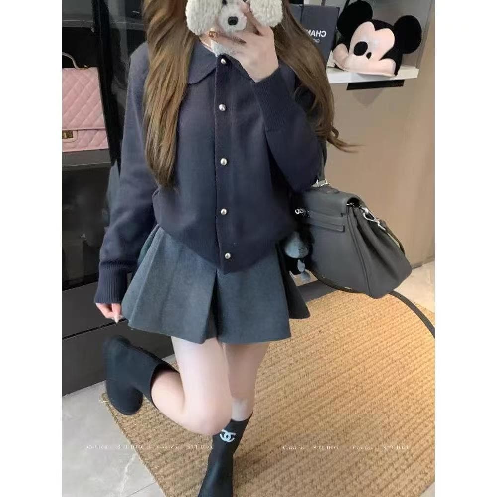 한국 스타일 단색 폴로 칼라 샤 징 버클 절묘한 스웨터 오픈 가디건 가을과 겨울 POLO 칼라 외국 가스 다용도 니트 기본 셔츠 상세 이미지 5