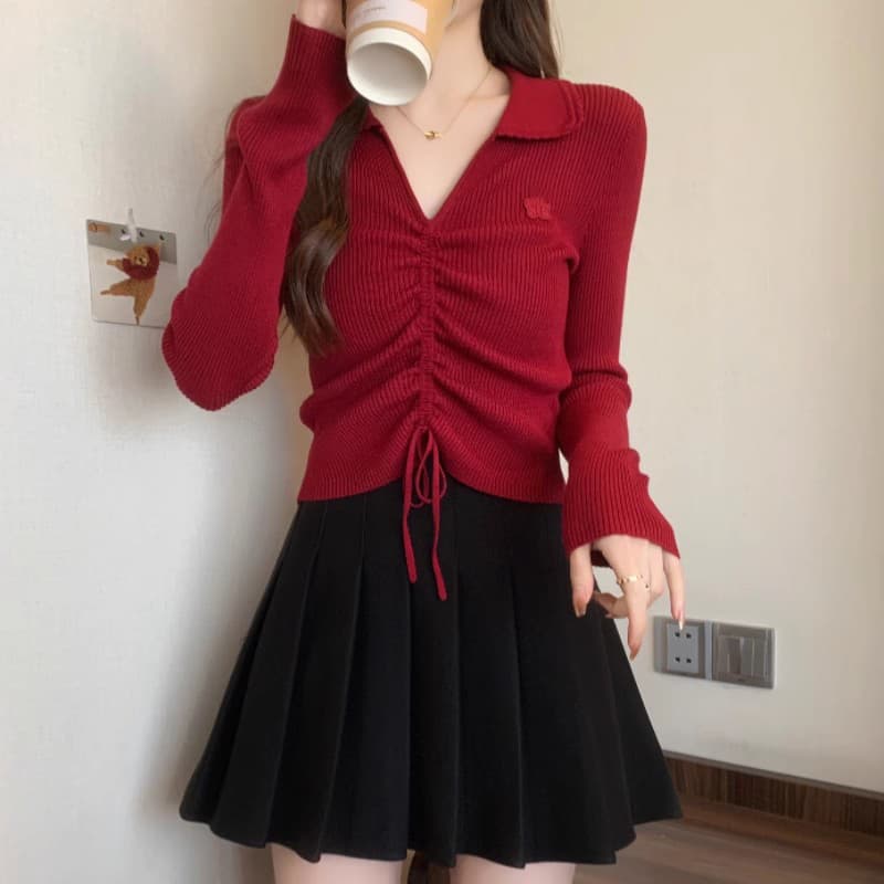 앤 코라 빨간색 V넥 니트 스웨터 여성 가을 겨울 새로운 몸매 가꾸기 폴로 칼라 인사이드 가져 가라. 불규칙 펌프 로프 기본 셔츠 맨위 이미지 3