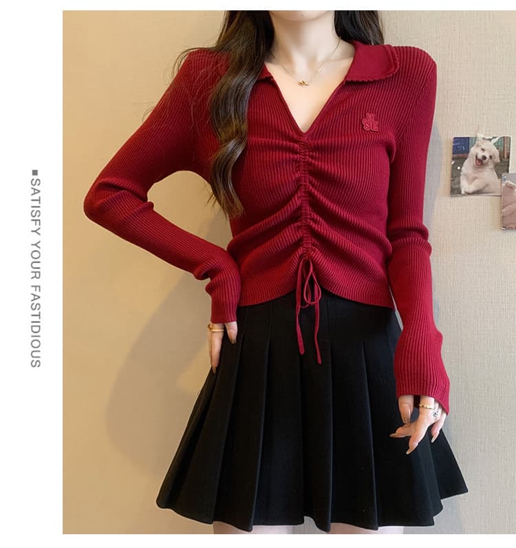 앤 코라 빨간색 V넥 니트 스웨터 여성 가을 겨울 새로운 몸매 가꾸기 폴로 칼라 인사이드 가져 가라. 불규칙 펌프 로프 기본 셔츠 맨위 상세 이미지 8