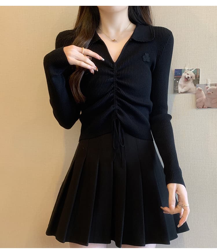 앤 코라 빨간색 V넥 니트 스웨터 여성 가을 겨울 새로운 몸매 가꾸기 폴로 칼라 인사이드 가져 가라. 불규칙 펌프 로프 기본 셔츠 맨위 상세 이미지 12
