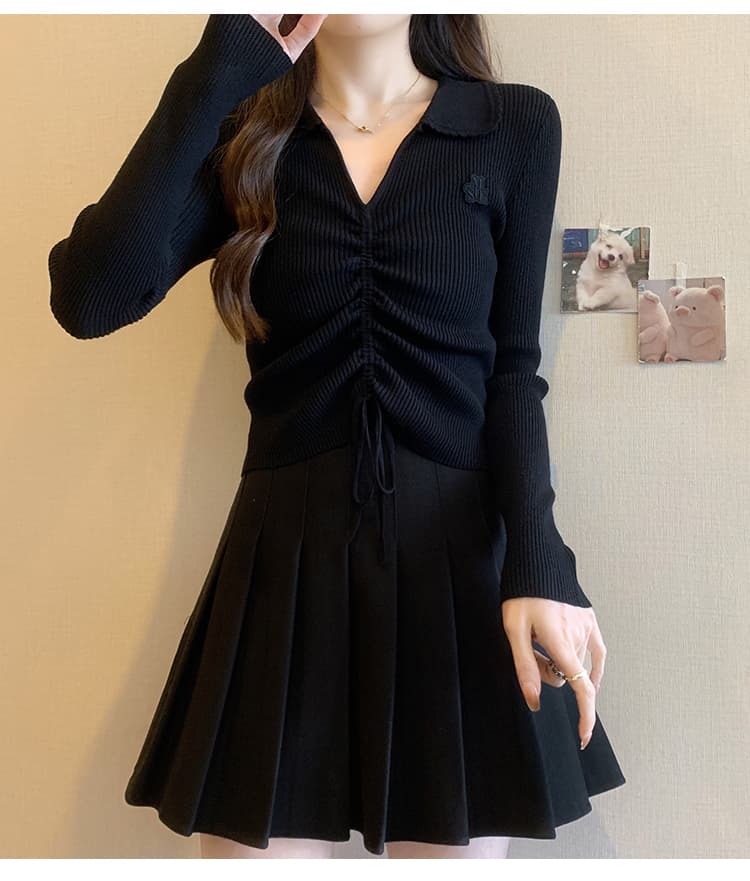 앤 코라 빨간색 V넥 니트 스웨터 여성 가을 겨울 새로운 몸매 가꾸기 폴로 칼라 인사이드 가져 가라. 불규칙 펌프 로프 기본 셔츠 맨위 상세 이미지 14