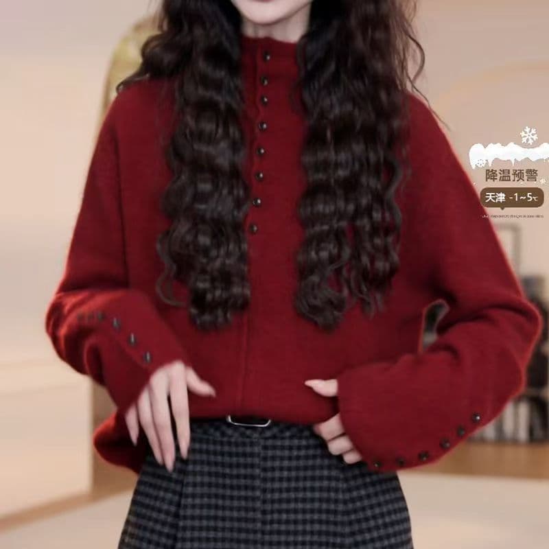 작은 대중 하프 단추 스탠드 칼라 니트 스웨터 여성 가을과 겨울 프랑스식 품격 느긋한 바람 스웨터 연령 감소 기본 셔츠 맨위 상세 이미지 2