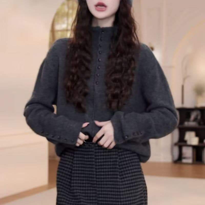 작은 대중 하프 단추 스탠드 칼라 니트 스웨터 여성 가을과 겨울 프랑스식 품격 느긋한 바람 스웨터 연령 감소 기본 셔츠 맨위 상세 이미지 7