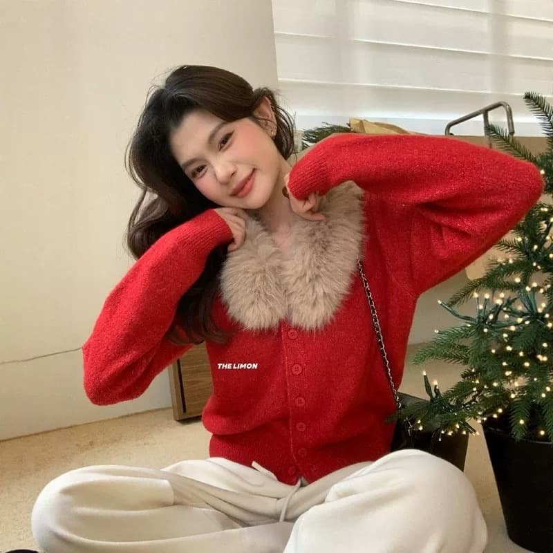 한 부서 품격 부드러운 찹쌀 모피 칼라 긴팔 니트 오픈 가디건 여성 가을 겨울 느긋한 바람 보온 스웨터 코트 쇼트 스타일 맨위 이미지 2
