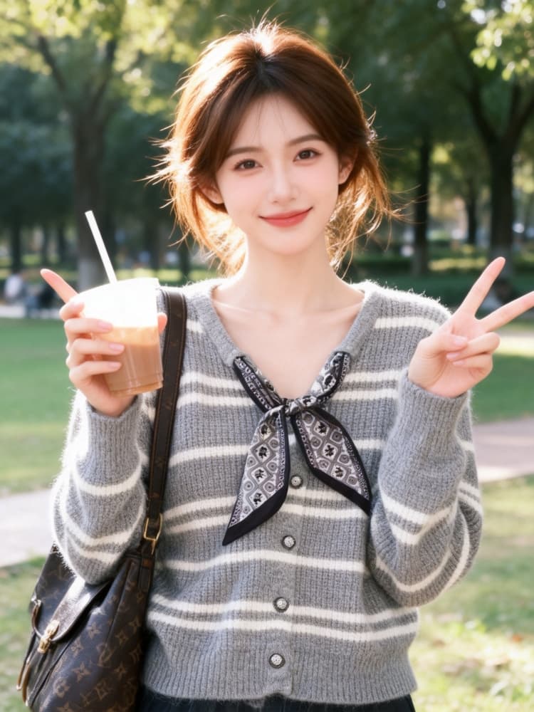 2026 가을 겨울 새로운 프랑스식 나비 매듭 스트라이프 니트 오픈 가디건 스웨터 여자 루즈핏 슬림해 보이는 표지 고기 긴팔 맨위 이미지 4