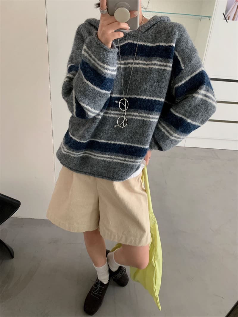 한 부서 느긋한 바람 루즈핏 후드 배색 와이드 스트라이프 니트 오픈 가디건 여성 가을 겨울 부드러운 찹쌀 다용도 스웨터 코트 상세 이미지 8