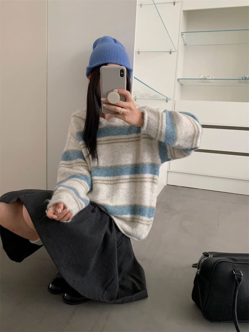 한 부서 느긋한 바람 루즈핏 후드 배색 와이드 스트라이프 니트 오픈 가디건 여성 가을 겨울 부드러운 찹쌀 다용도 스웨터 코트 상세 이미지 13