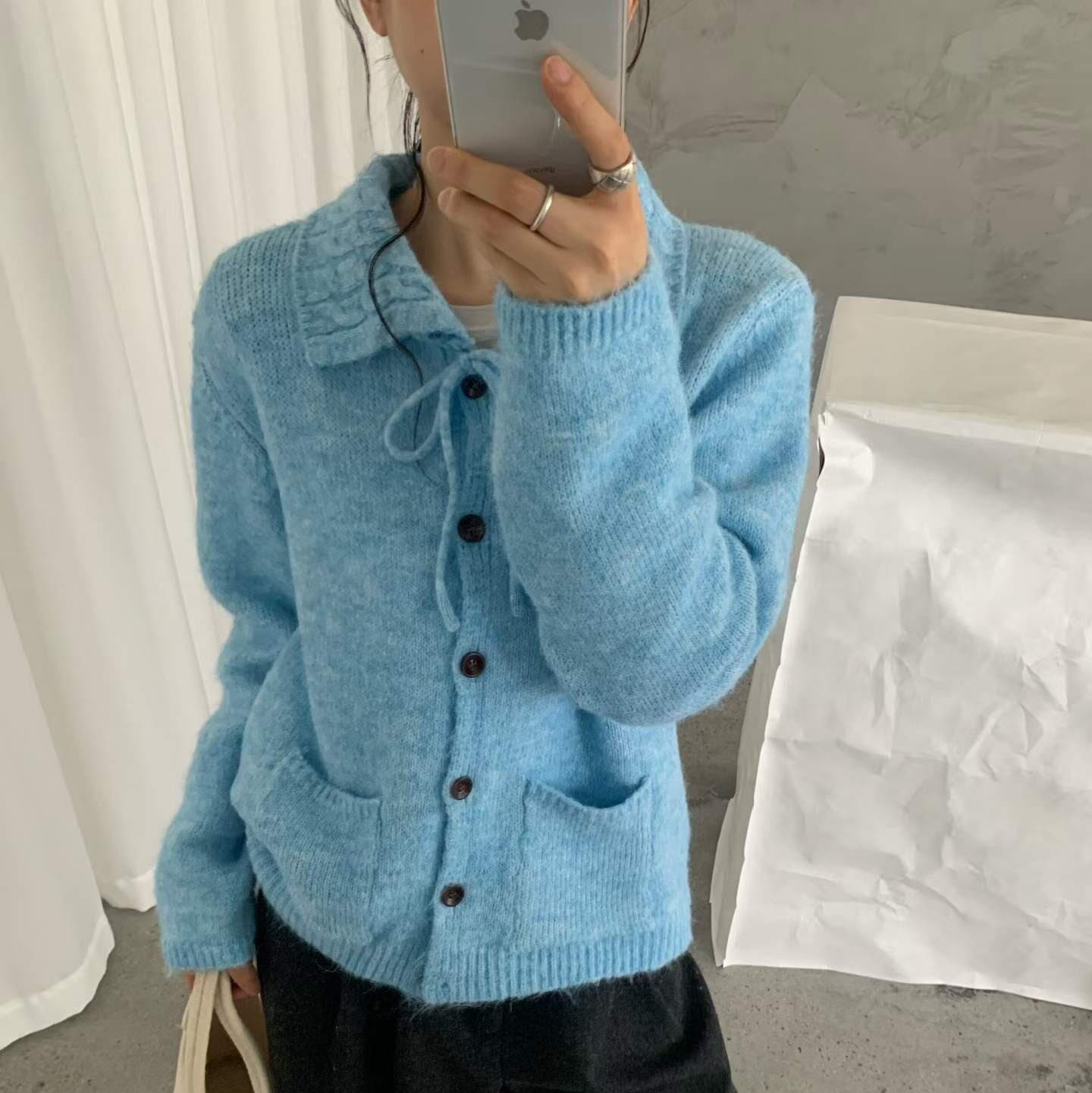 한 부서 미니멀리즘 폴로 칼라 레이스업 니트 오픈 가디건 가을 겨울 새로운 느긋한 캐주얼 루즈핏 다용도 디스플레이 스웨터 코트 이미지 2