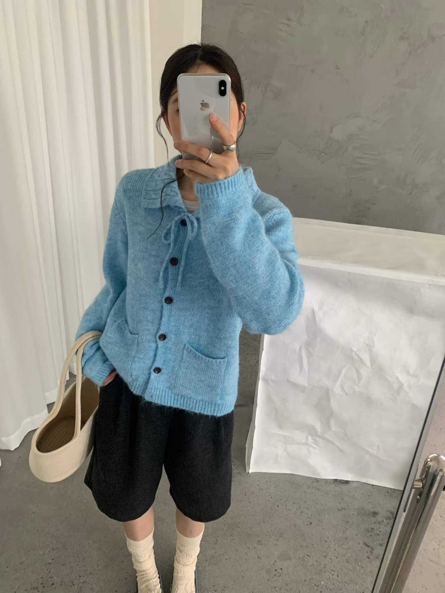 한 부서 미니멀리즘 폴로 칼라 레이스업 니트 오픈 가디건 가을 겨울 새로운 느긋한 캐주얼 루즈핏 다용도 디스플레이 스웨터 코트 상세 이미지 5
