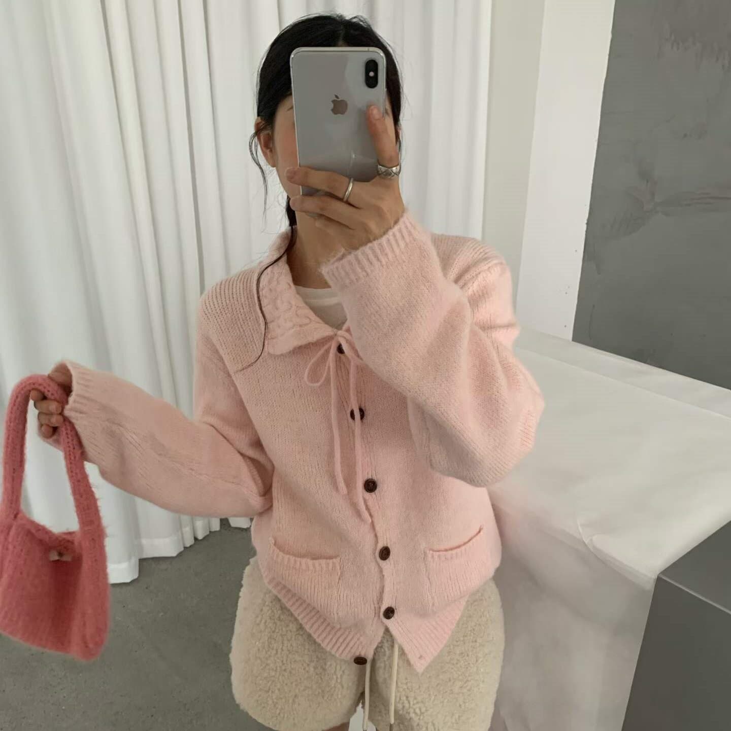한 부서 미니멀리즘 폴로 칼라 레이스업 니트 오픈 가디건 가을 겨울 새로운 느긋한 캐주얼 루즈핏 다용도 디스플레이 스웨터 코트 상세 이미지 8