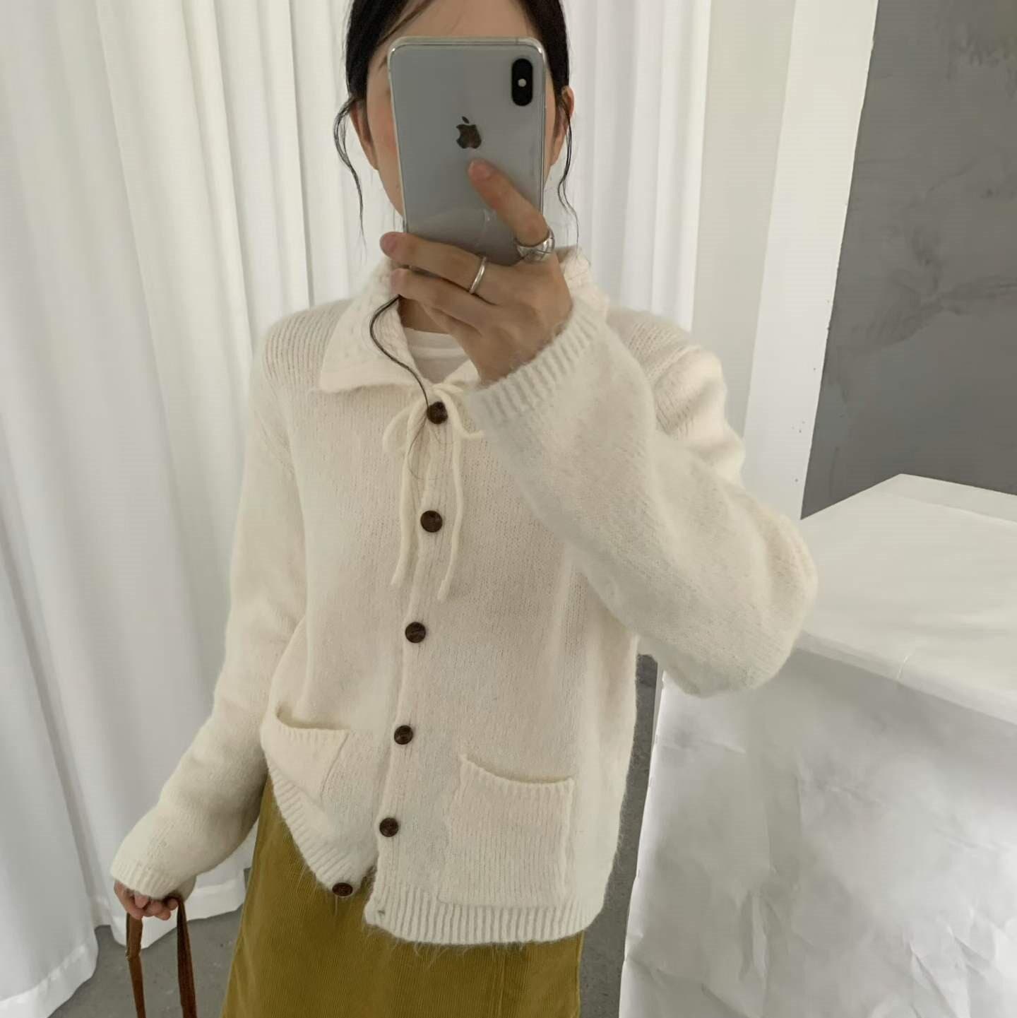 한 부서 미니멀리즘 폴로 칼라 레이스업 니트 오픈 가디건 가을 겨울 새로운 느긋한 캐주얼 루즈핏 다용도 디스플레이 스웨터 코트 상세 이미지 9