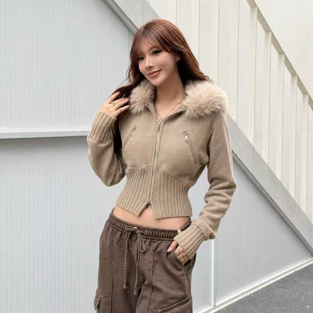 한 부서 레트로 배색 스트라이프 후드 지퍼 맨위 오픈 가디건 여성 가을 새로운 부드러운 찹쌀 다용도 느긋한 니트 스웨터