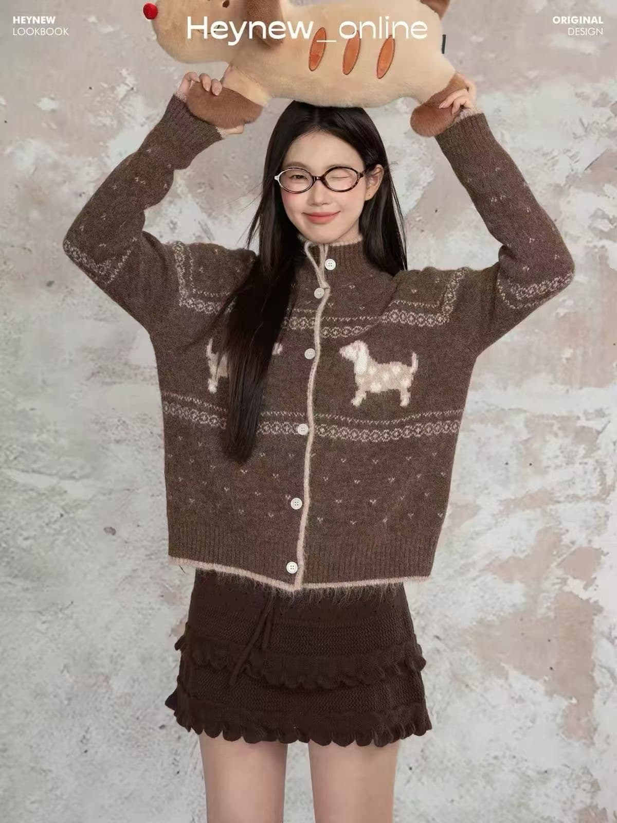 한 부서 강아지 자카드 부드러운 찹쌀 스웨터 오픈 가디건 여성 가을 겨울 새로운 루즈핏 느긋한 바람 공정한 섬 니트 스웨터 재킷 상세 이미지 4